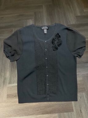 Cable & Gauge Cardigan Womens XL Black Lace Floral Rosette Sheer Puff Sleeve Top